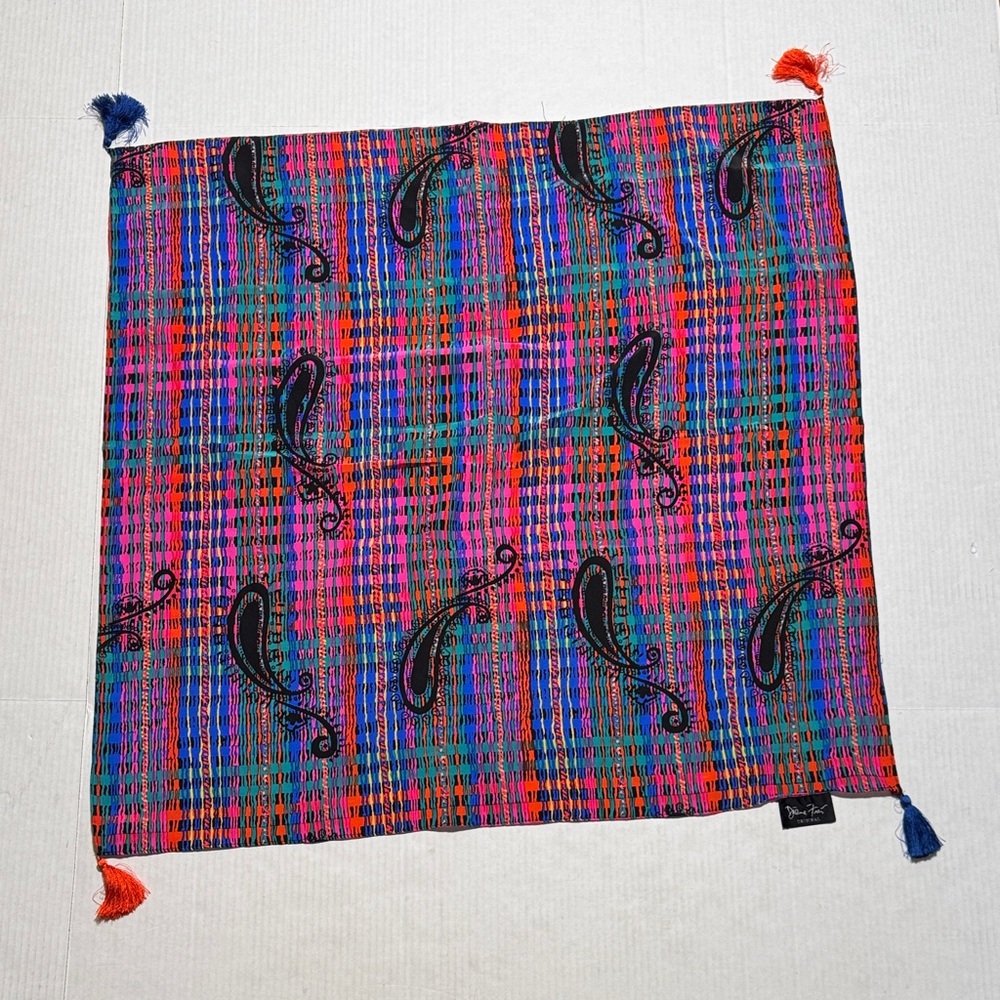 DIANE FREIS Vintage Large Colorful Striped Paisley Tassel Square Scarf 29x29